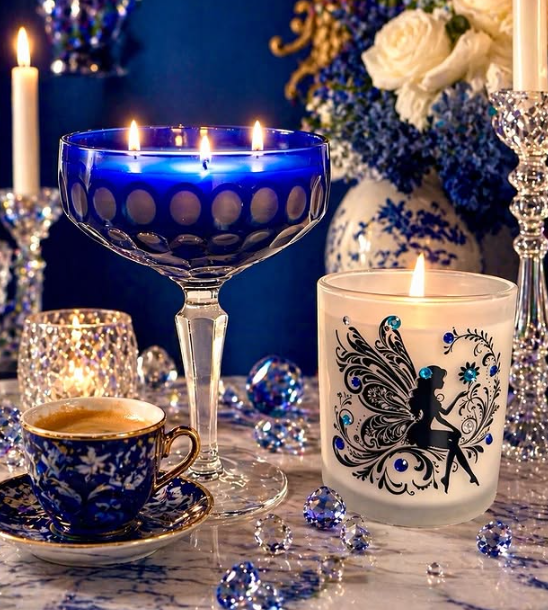 Blue crystal coupe candle beside a white fairy candle