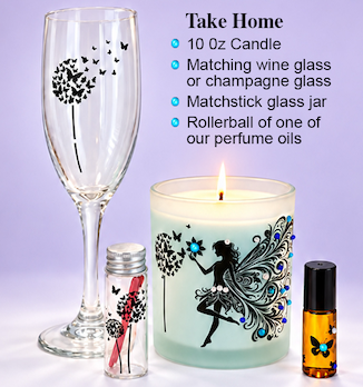 Fairy candle with matching champagne glass, match jar and perfume rollerball to take home from a candle party