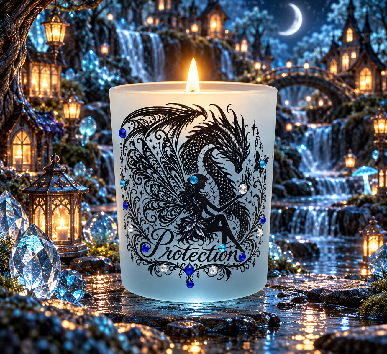 Blue Protection candle with a dragon design in a moonlit fairy village