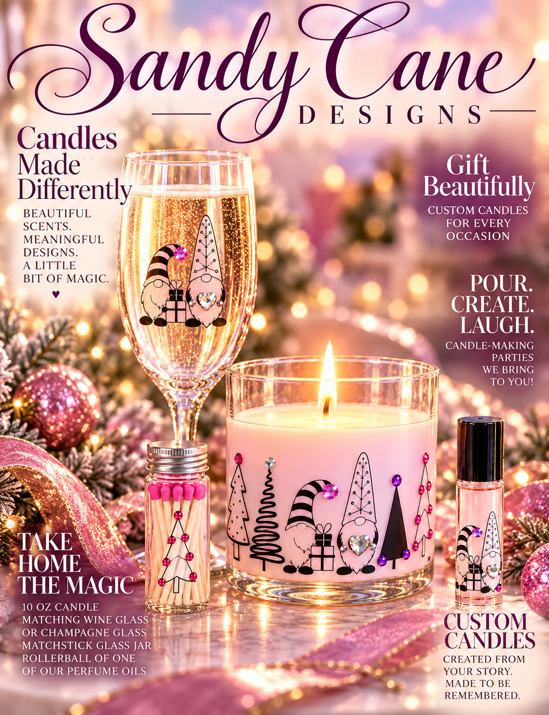 Sandy Cane Designs Holiday Glow: pink gnome candle, champagne glass, match jar and perfume rollerball
